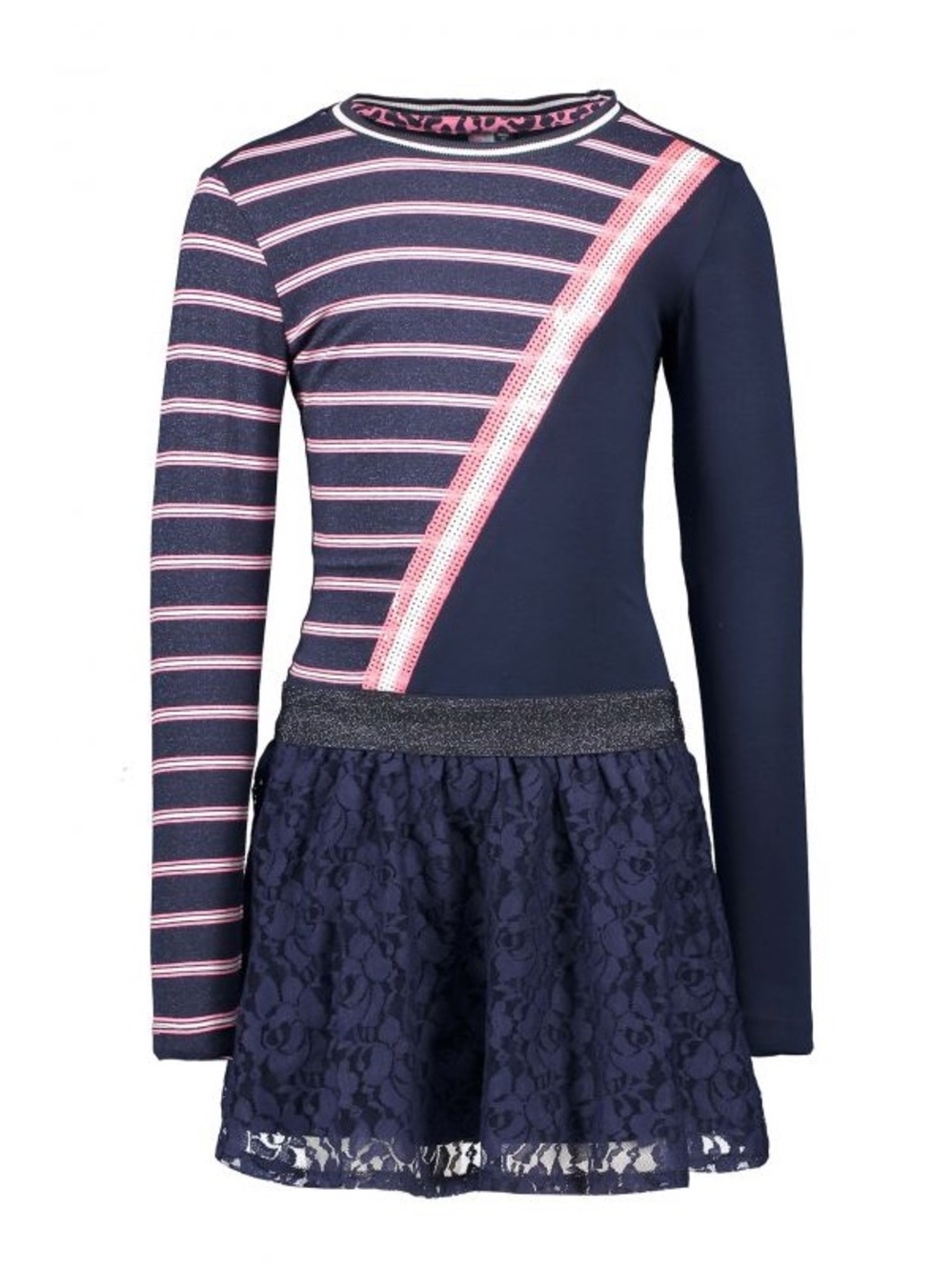 Girls' Navy and Pink Striped Lace Skater Dress